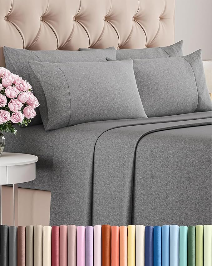 Cal King 6 Piece Sheet Set - Cooling & Breathable - Hotel Luxury Bedding, Includes Fitted Sheet for Women, Men, Kids & Teens - 1 Flat, 1 Fitted Sheet, 4 Pillowcases w/Deep Pockets - Heathered Grey