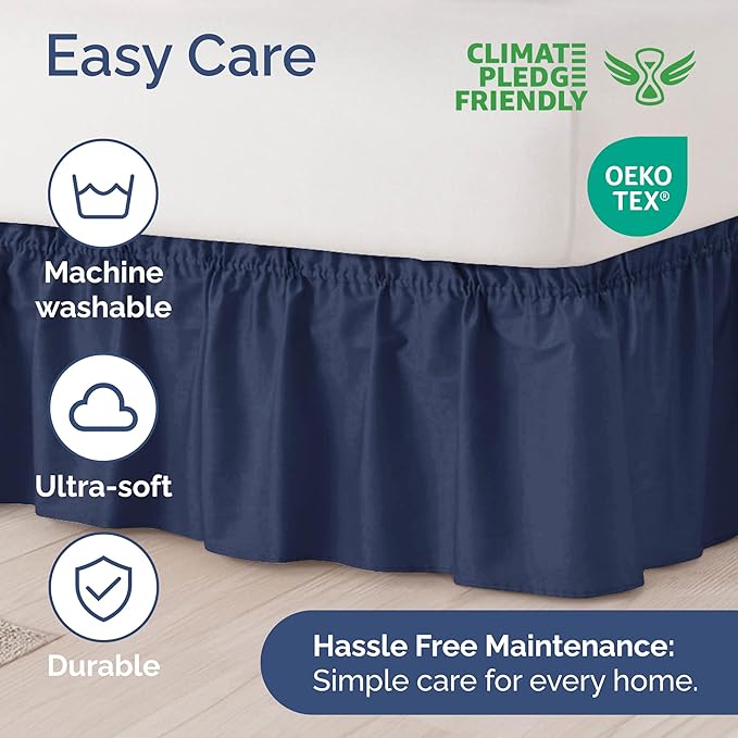 Wrap Around Dust Ruffle Bed Skirt - Navy Blue - for Full Size Beds with 12 Inch Drop - Elastic Strap - Adjustable Pleated Bedskirt with Brushed Fabric and Wrinkle Free - for Women, Men, Kids & Teens
