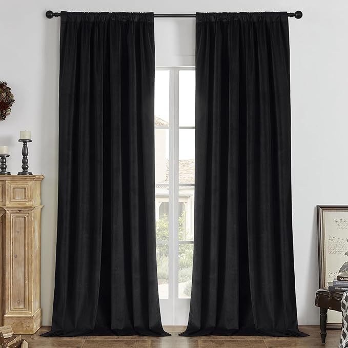 Joydeco Black 100% Blackout Curtains 84 Inch 2 Panels, Luxury Thermal Insulated Black Velvet Curtains for Bedroom Living Room, Soundproof Blackout Window Drapes, Rod Pocket & Back Tab (42W x 84L)