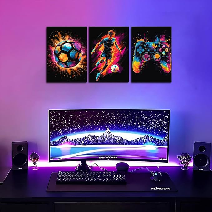 BGFCE Gaming Canvas Wall Art Decor, Paintings Art Game Controller Color Splash Ink Prints Painting, Posters for Room Aesthetic, Soccer Canvas Wall Art for Boys Room Decor 16x24 - Set of 3 Framed