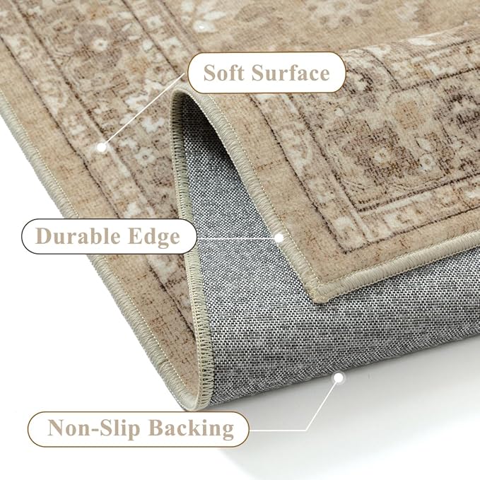 3x5 Brown Area Rug Non Slip Vintage Office Entryway Rug Distressed Machine Washable Kitchen Carpet Retro Traditional Floral Accent Throw Door Mat for Bedroom Bathroom Dining Living Room