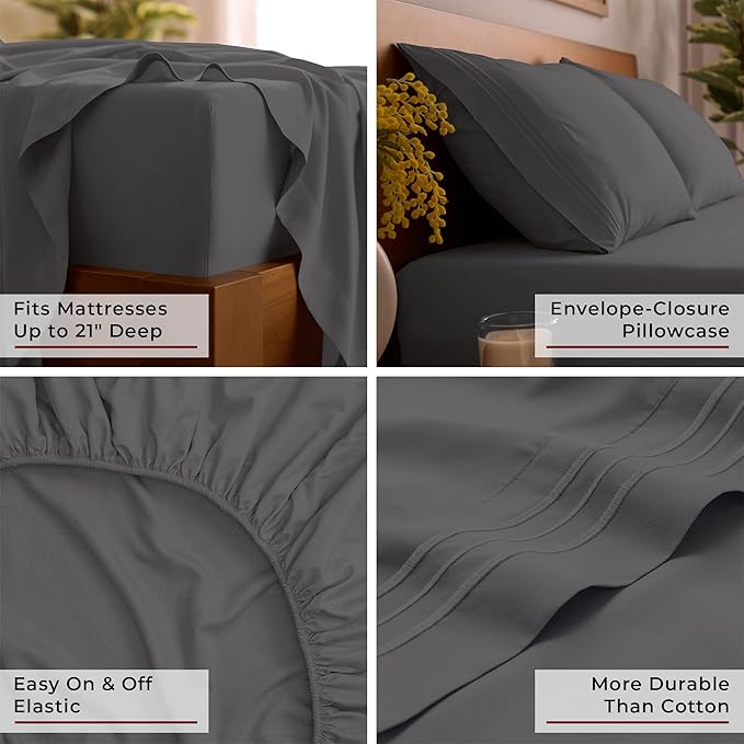 Mellanni Full Sheet Set - 6-Piece Iconic Collection Bedding, (Including 4 Pillowcases), 21-Inch Extra Deep Pocket, Easy Care, Ultra Soft, Cooling Sheets, Brushed Microfiber - Gray