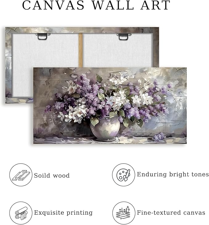 SERIMINO Large Wall Art for Living Room, Still Life Flowers Canvas Prints, Purple Floral Botanical Decor Paintings, Modern Aesthetic Pictures Wall Decor, Farmhouse Kitchen Artwork 29"X57"