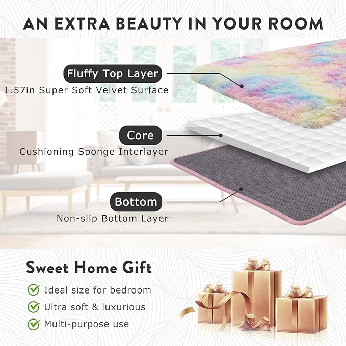 Fluffy Rainbow Rug for Girls Bedroom, 4x6 Cute Colorful Shag Rug for Kids Room, Soft Fuzzy Shaggy Rugs for Living Room Home Decor