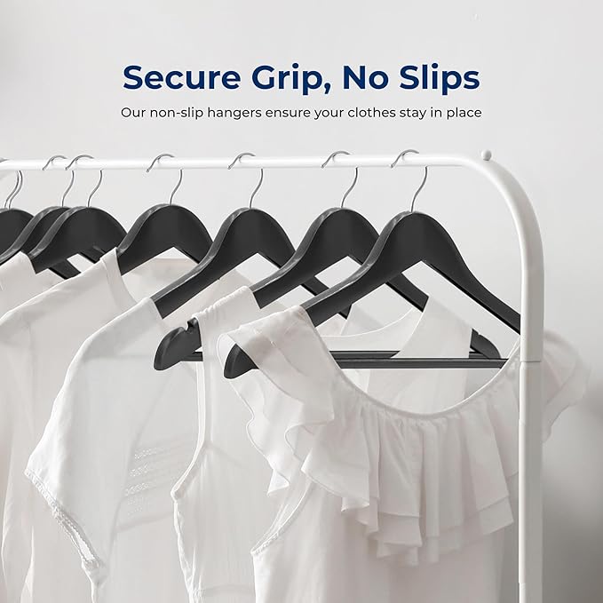 SereneLife 20-Pack Premium Wooden Hangers for Suits, Coats, Dresses & More – Heavy-Duty Black Wood Hanger Set with 360° Swivel Chrome Hook, Non-Slip Notches & Pants Bar – Space-Saving Closet Organizer