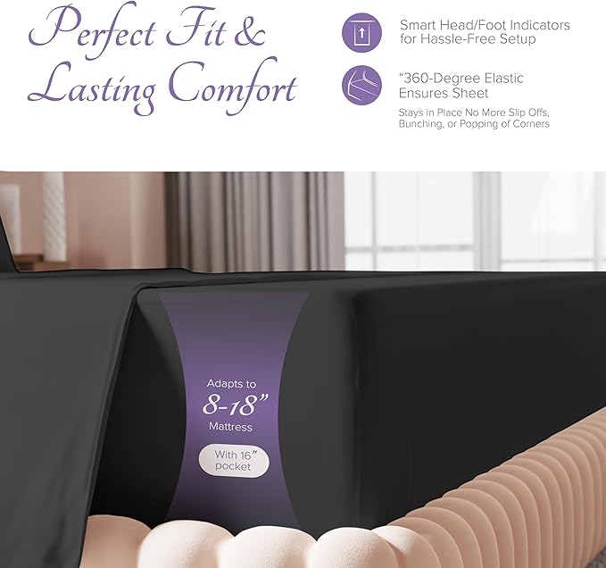 Carressa Linen Luxury Egyptian Cotton 5 PC Split King Size Sheet Set - 600 Thread Count Deep Pocket Fitted and Flat Sheet,Soft,Cooling Extra Long Staple Hotel-Quality Bedding with Sateen Weave - Black