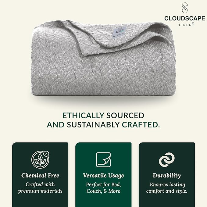 Cloud Scape Linen 100% Cotton Blanket Twin 68x92 Charcoal Grey - Cozy Herringbone Weave, Fits Up to Twin XL Size Beds, Breathable Softness, All-Season Warmth, Winter Blanket, Bedding Gift Choice