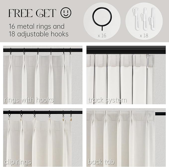 Topfinel 105 Inches Long Custom Black Out Faux Thick Linen Drapery Panels, Pinch Pleated Heat Reflective Cream Curtains with Pin Hooks, Luxury Lined Back Tab Drapes 2 Panels for Living Room