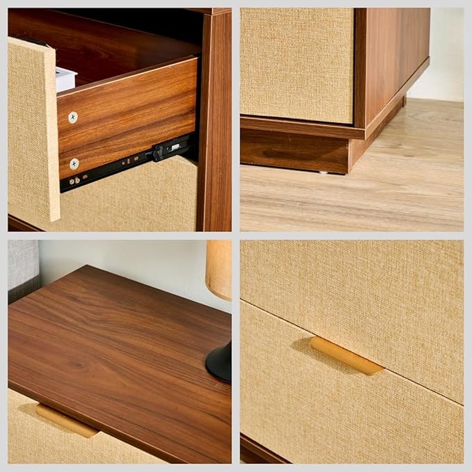 Saint Mossi Rattan Nightstands Set of 2 - Boho Bed Side Tables with 2 Storage Drawers, Mid Century Modern Sofa End Tables for Living Room, Walnut Finish with Golden Handle, W23xD15xH21