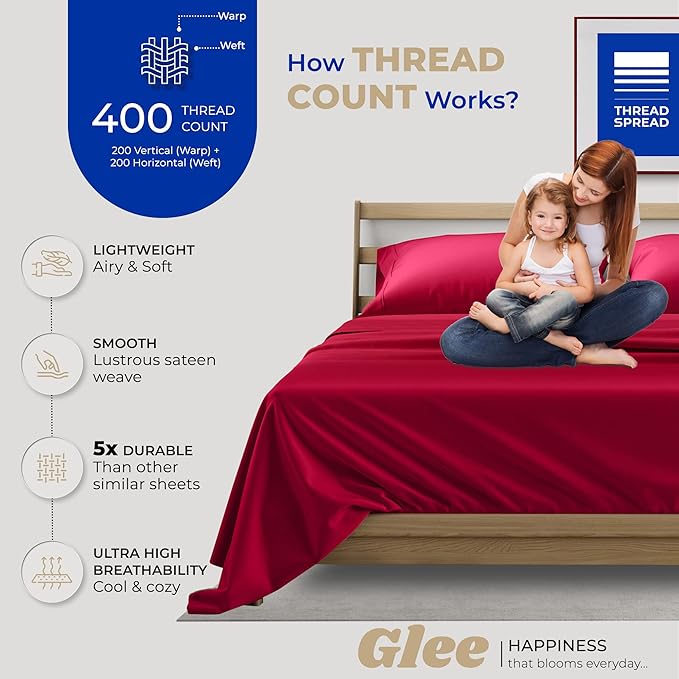 THREAD SPREAD 100% Cotton Bed Sheets Twin XL Set - 400 Thread Count Cotton Twin XL Sheets Only, 3 PC Set (Red), Ultra Soft, Breathable, Cooling, Sateen Weave 16" Deep Pocket Bedsheet for Hot Sleepers