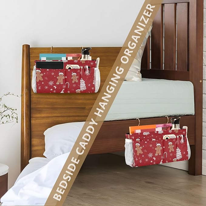 Bedside Caddy Hanging Bunk Bed Caddy Bed Organizer Hanging Pocket with 2 Hooks Bedside Storage Organizer Pocket Bag Holder Gingerbread Christmas Tree01