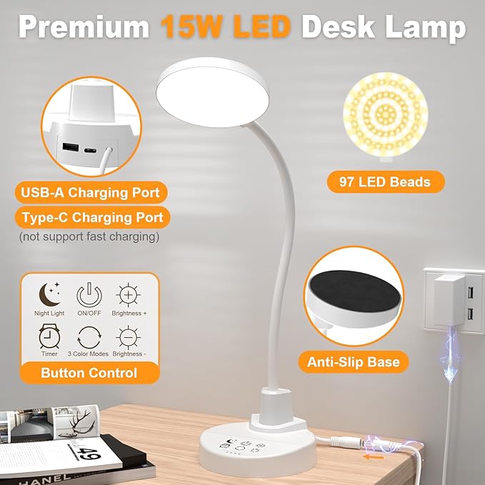 15W LED Desk Lamp with USB Charging Ports – Dimmable Table Lamp with 3 Color Temps, 5 Brightness, 4 Timers, Flexible Gooseneck Light with Base, Eye-Caring Reading Light for Home Office, Bedroom, Study