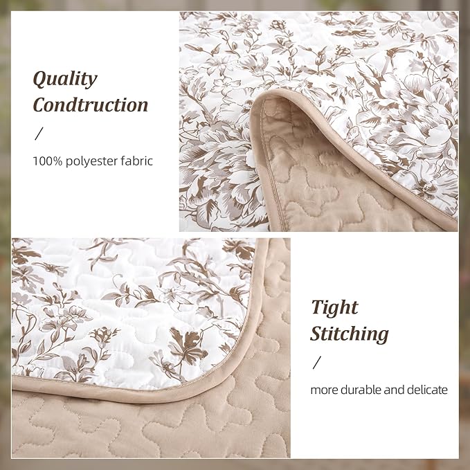 WONGS BEDDING Queen Size Quilt Set, Brown Quilt Bedding Set with 2 Pillowcases, Botanical Quilt for Queen Bed, Soft Microfiber Lightweight Coverlet Bedspread for All Season (96"×90", 3 Pieces)