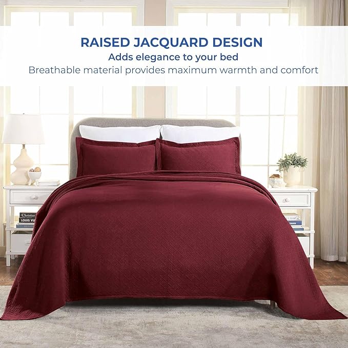 Superior 100% Cotton Basket Weave Bedspread with Shams, All-Season Premium Cotton Matelasse Jacquard Bedding, Quilted-Look Geometric Basket, Full, Garnet