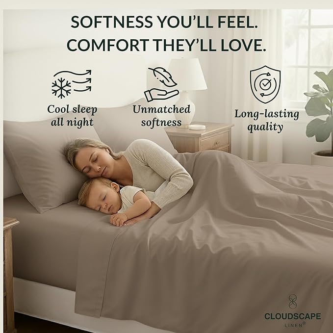 Cloud Scape Linen 100% Egyptian Cotton Sheets for Queen Size Bed, 400 Thread Count, 4 Pieces Bedding Set, Hotel Quality, Silky Soft, Deep Pockets up to 17”, Taupe