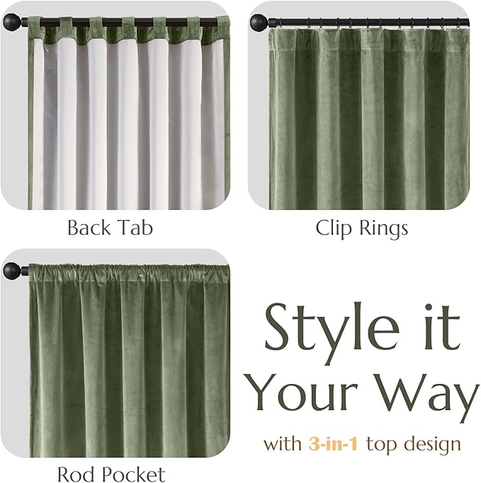 Lazzzy Green Velvet Blackout Curtains 90 Inches Long Thermal Insulated Room Darkening Lined Curtain Drapes Luxury Back Tab Window Treatments for Bedroom Living Room 2 Panels, 52 x 90 Inch, Olive Sage
