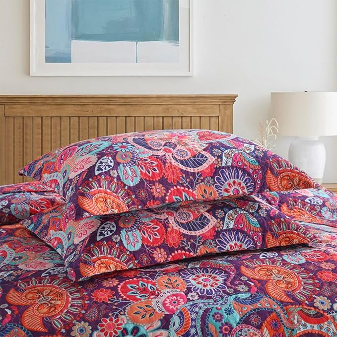 Cotton Bedspread Quilt Sets Reversible Bedding Coverlet Sets Comforter Paisley Floral Bohemian Bedspread,Bohemian Red Gorgeous Pattern,King Size