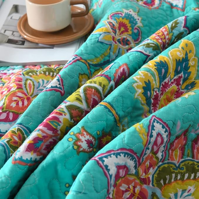Cotton Bedspread Quilt Sets Reversible Bedding Coverlet Sets Comforter Paisley Floral Bedspread (Green Vintage Floral, Queen Size)