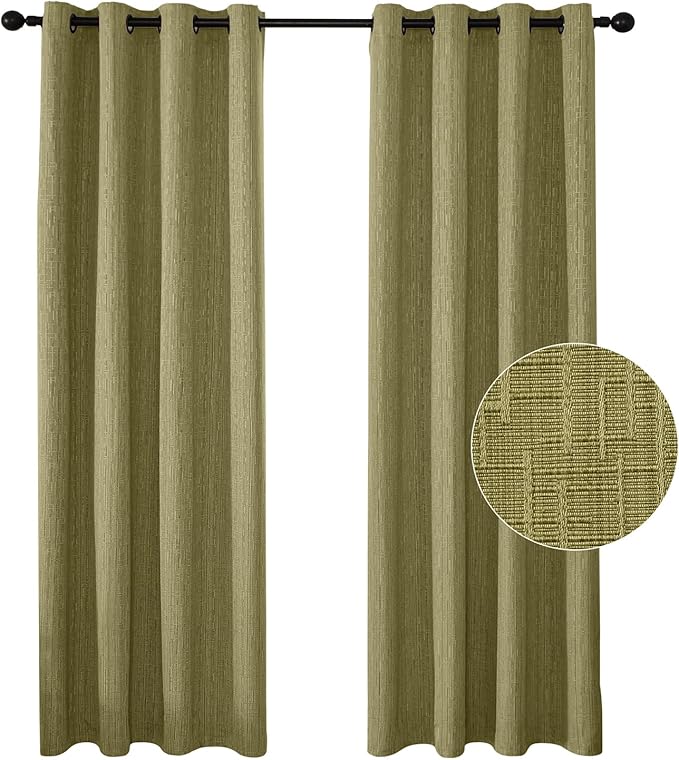 Jacquard Linen Curtains 108 inch Length 2 Panels Thick Faux Linen Blended Window Drapes Burlap Textured Curtains with Grommet for Living Room Bedroom Farmhouse (52x108 Olive Green) Natural