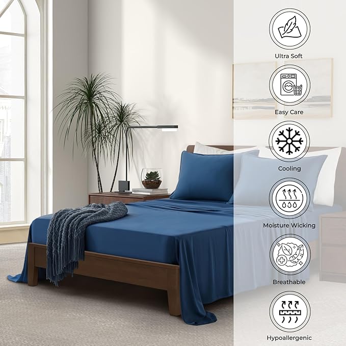 Luxury Bamboo Market | Queen Size Bed Sheet Set | 100% Viscose Made from Bamboo | Organically Grown | Ultra Soft | Cooling Sheets for Hot Sleepers | 17" Deep Pocket [Midnight Blue]