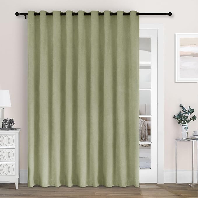 Macochico Extra Wide 100% Blackout Chenille Curtains 100" Wx96 L Thermal Drapes for Sliding Door Living Room Bedroom Auditorium Hotel Green Tint Curtains Grommet Top with Tieback Classic 1 Panel