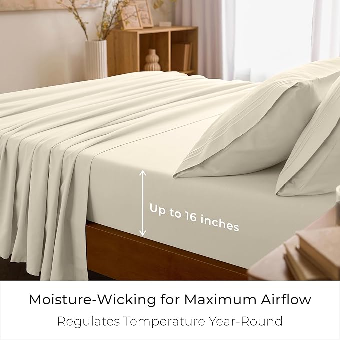 Mellanni California King Sheet Set - 6-Piece Iconic Collection Bedding, (Including 4 Pillowcases), 16-Inch Deep Pocket, Easy Care, Extra Soft, Cooling Sheets, Brushed Microfiber - Golden Ivory