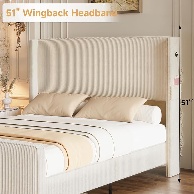 King Size Bed Frame and Headboard, Upholstered King Bed Frame with Tall Wingback Headboard & Footboard, USB Ports, Easy Assembly, Beige