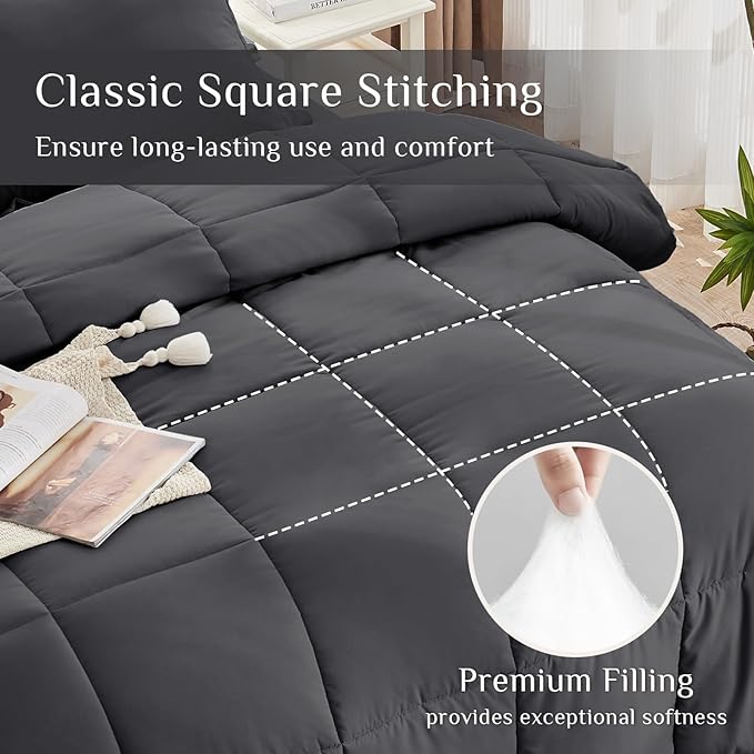 JOLLYVOGUE Twin XL Comforter Set, Ultra-Soft Bed in a Bag Twin XL Size 5 Pieces, Oeko-TEX Certified Bedding Set with Down Alternative Comforter, Sheets, Pillowcases & Shams, Dark Grey
