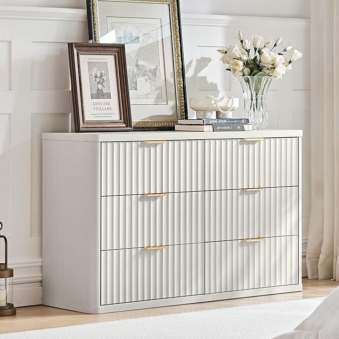 LEYAOYAO Fluted Dressers & Nightstand Set of 4, Wood 48" Wide Dresser & 42" Tall Chest of Drawers,Modern Bedroom Furniture Sets,White Wooden Nightstand Set of 2 with 3 Drawers & Charging Station
