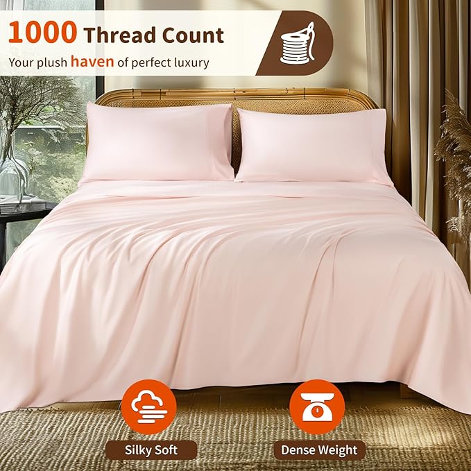 LBRO2M 1000 Thread Count 100% Egyptian Cotton Sheets Set Twin XL, 3 Piece Sets Bed Sheet Deep Pocket Sheet Set 16" Soft Comfortable All Season (Twin XL, Pink)