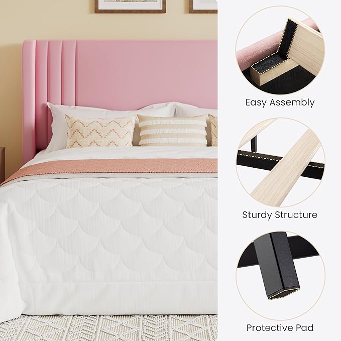 SHA CERLIN Queen Size Velvet Upholstered Platform Bed Frame with Vertical Channel Tufted Wingback Headboard, Wooden Slats Support, Easy Assembly, Under Bed Storage, No Box Spring Required, Pink
