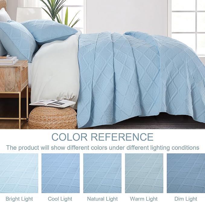 Yiran Ash Blue Quilt Set Queen Size, 3 Piece Reversible Bedspreads Bedding Set, Fall Diamond Pattern Coverlet for All Season with 2 Pillow Shams (Full/Queen, 96x90 Inch)