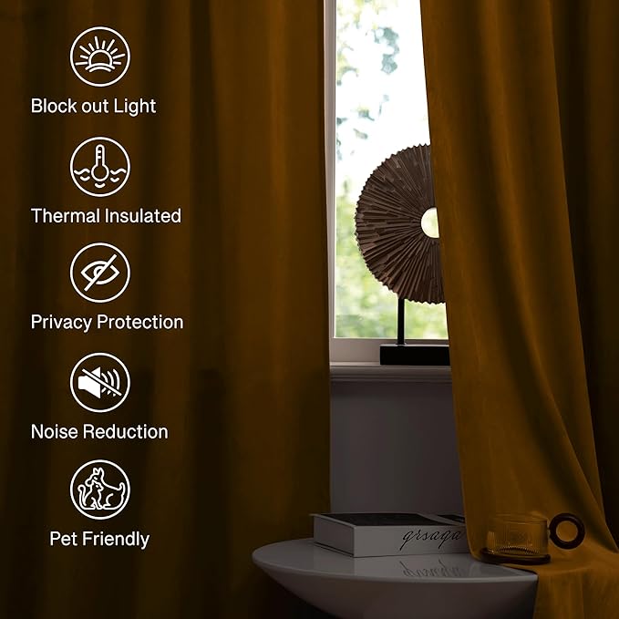 StangH Mustard Gold Velvet Curtains - Vintage High Ceiling Tall Drapes for Sliding Door/Villa, Thermal Insulated Privacy Panels for Living Room/Kids Room, W52 x L108, 2 Panels