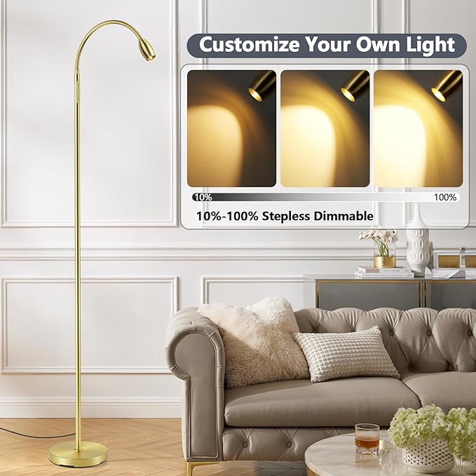 Reading Floor Lamp, 72" Tall LED Lamp with Flexible Gooseneck, Dimmable Zoomable Spotlight, Adjustable Color Beam Standing Lamp, Touch & Remote Control, Task Craft Bedroom Living Room (Light Gold)