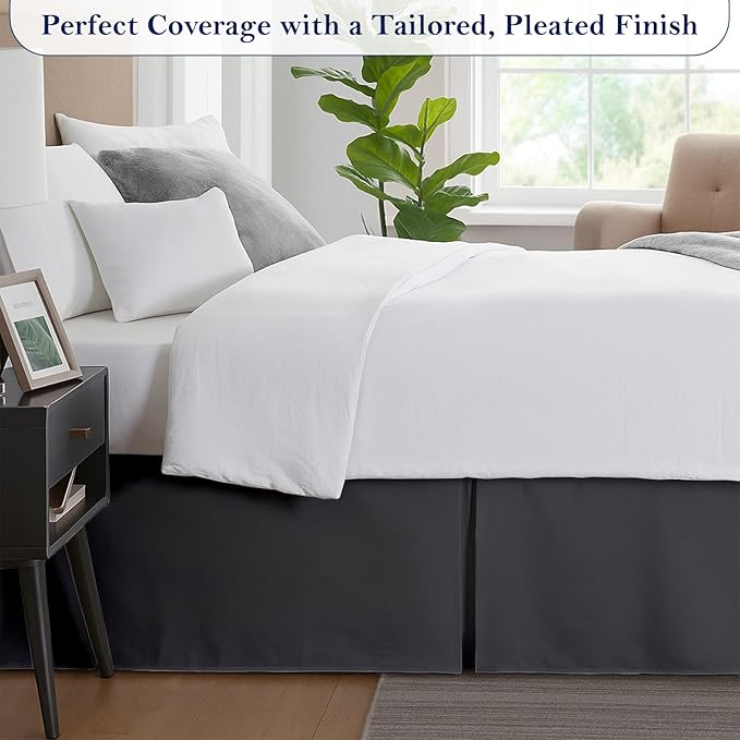 Queen Bed Skirt, Luxury 21 Inch Drop Dark Grey Pleated Bed Skirt, Double Brushed Microfiber, Box Pleat Design, Wrinkle & Fade Resistant, Easy Fit Tailored Bedskirt for Queen Size Beds