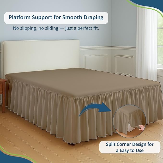 Rajlinen Ruffled Bed Skirt Twin, 24 Inch Drop Dust Ruffle with Split Corners, 100% Microfiber Bedskirt with Platform, Three-Sided Coverage Ruffled Gathering Design, Taupe
