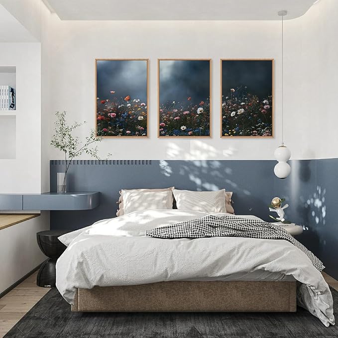LHIUEM Large Nature Moody Floral Framed Canvas Wall Art,Abstract Dark Wall Decor,Wildflower Botanical Landscape Wall Painting,Picture Artwork for Living Room,Bedroom,Dining Room,Office -24"x36"x3