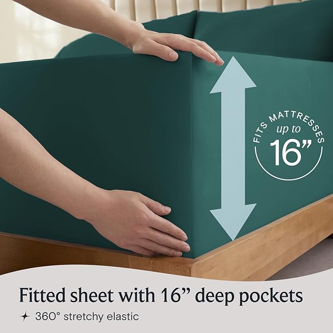 LuxClub 4 PC Queen Sheet Set, Deep Pockets Wrinkle Free Cooling Bed Sheets Hotel Bedding for Women, Men, Includes 1 Fitted Sheet, 1 Flat Sheet and 2 Pillowcases-Silky Soft Emerald
