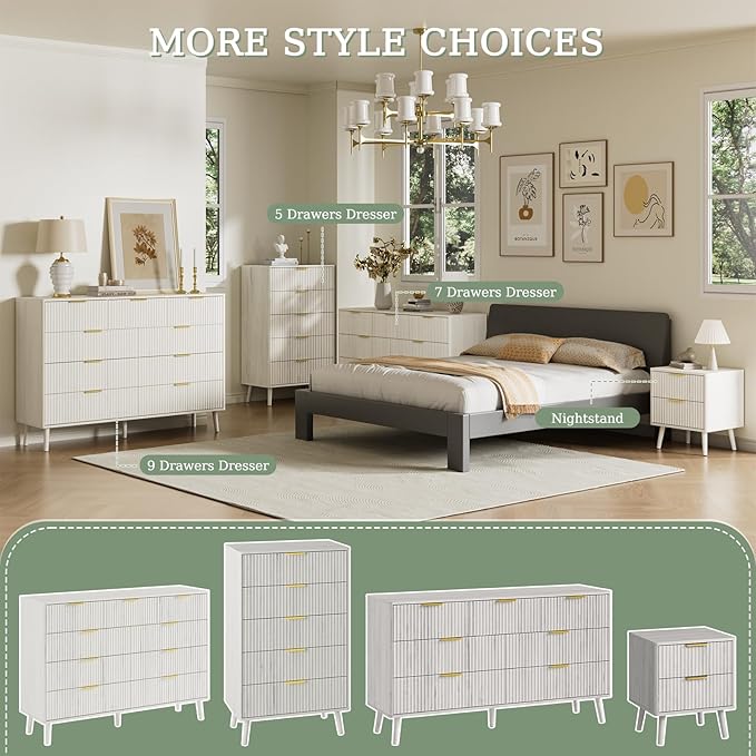 LYNSOM Fluted 5 Drawers Dresser, 45" Tall Modern Chest of Drawers with Curved Profile Design and Metal Handle, Wood Drawer Organizer for Bedroom, Living Room, Hallway, Entryway, White