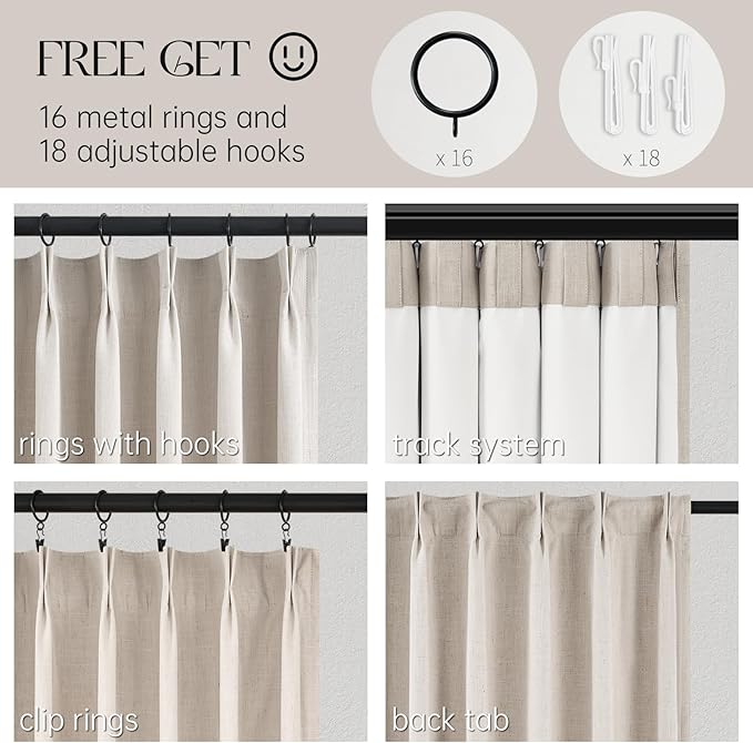 Topfinel Pinch Pleated Curtains 96 Inch Long, 100% Blackout Thermal Insulated Natural Linen Pinch Pleat Viral Drapes with Hooks Rings 2 Panel Sets, Neutral Oatmeal Ivory 8FT Back Tab Window Curtains