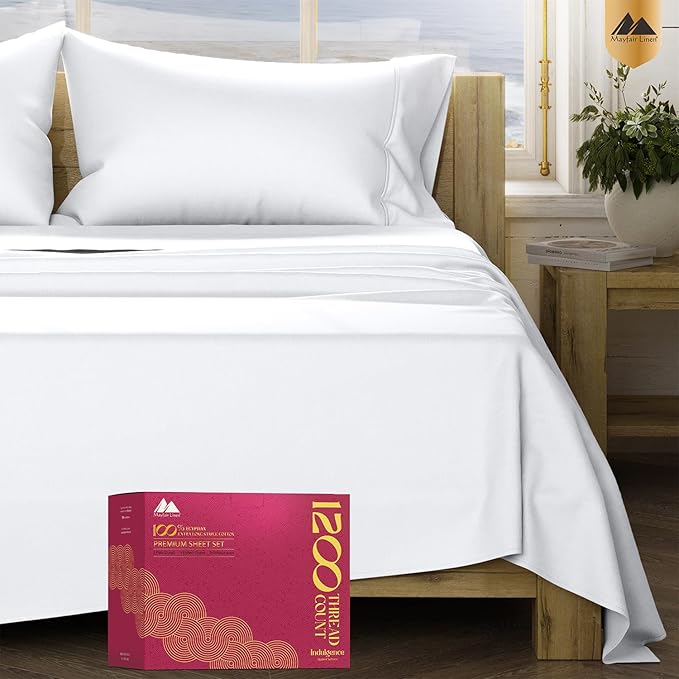 Mayfair Linen 100% Egyptian Cotton Full Size Bed Sheets - Luxury 1200 Thread Count Egyptian Cotton Sheets Full Size Bed Set (4 PC, White), Silky Soft, Cooling, 17" Deep Pocket Sateen Weave Bedding
