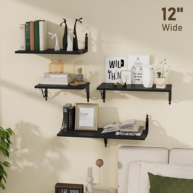 Dreamland Deep Floating Shelves, 16" W x 12" D Wall Shelves Set of 2, Wide Display Shelf Wall Mounted with Brackets, Bookshelf for Living Room, Bathroom, Bedroom, Black
