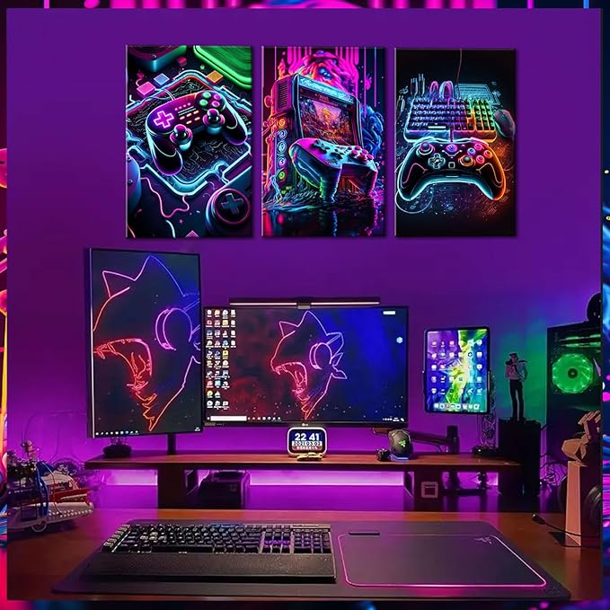 Game Room Decor Posters Set of 3 - Neon Gaming Accessories Theme Canvas Wall Art, Gamer Console Paintings Picture Wall Decor for Children Youth Boys Bedroom 12x16 inch Unframed