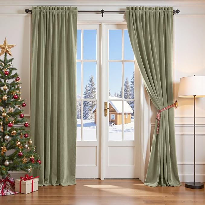 Lazzzy Velvet Blackout Curtains Thermal Insulated Room Window Drapes Super Soft Luxury Curtains for Living Room Bedroom Rod Pocket 2 Panels, Olive Sage, 42" W x 96" L