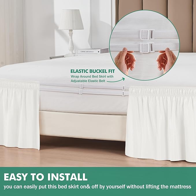 Biscaynebay Wrap Around Bed Skirts with Split Corners for Queen Beds 14" Drop, Ivory Elastic Dust Ruffles Adjustable Easy Fit Wrinkle & Fade Resistant Silky Luxurious Fabric Machine Washable