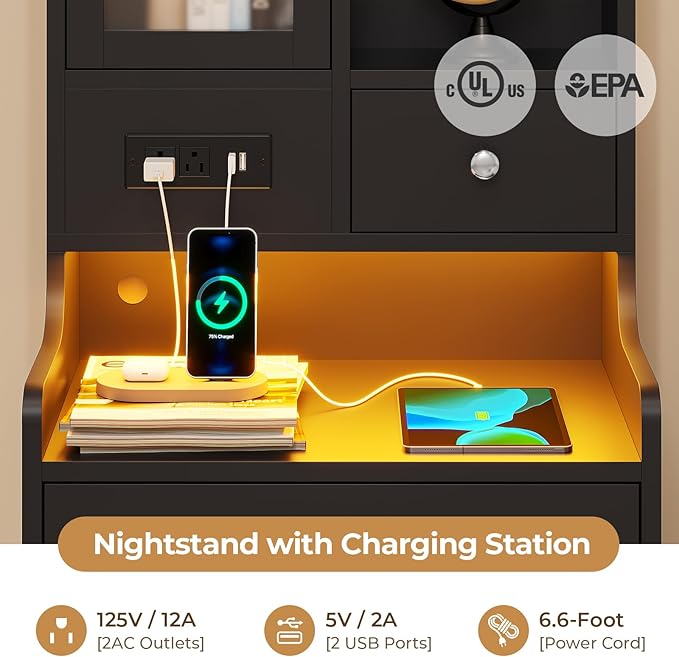 ADORNEVE Tall Night Stand with Charging Station and LED Lights,49.2" Nightstand with Bookshelf, Black Bedside Table with Drawers,End Side Table for Bedrooms