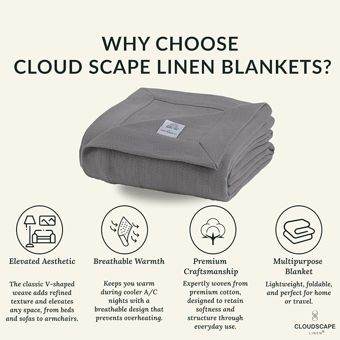 Cloud Scape Linen 100% Cotton Blanket Twin 68x92 Sharkskin - Cozy Herringbone Weave, Fits Up to Twin XL Size Beds, Breathable Softness, All-Season Warmth, Winter Blanket, Bedding Gift Choice