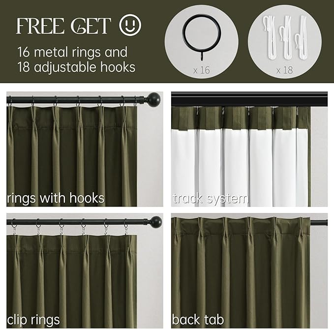 Topfinel Olive Green 102 Inches Long Custom Blackout Linen Curtains, Pinch Pleated Noise Cancelling Curtains with Pin Hooks for Traverse Rods, Viral Drapes 2 Panels for Living Room Master Bedroom