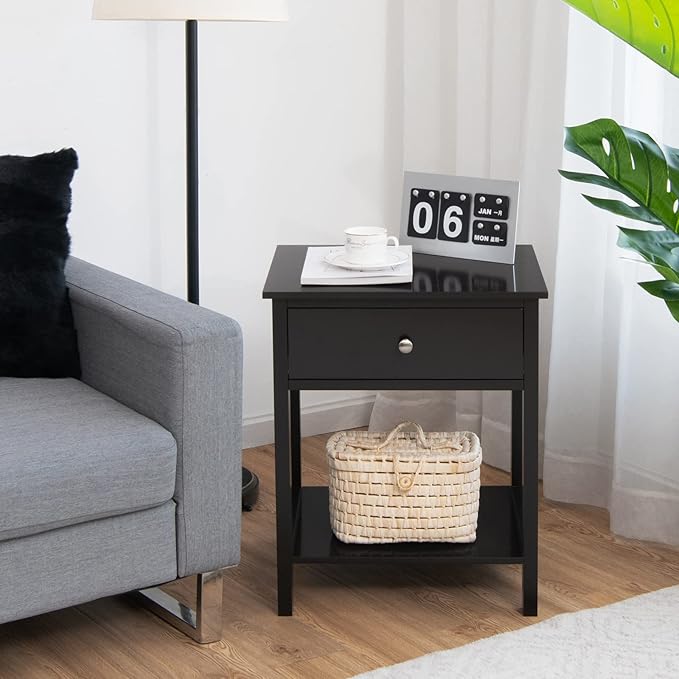 Giantex Nightstand, Wood End Table with Drawer and Open Shelf, Night Stand for Small Spaces, 2-Tier Bedside Table for Living Room Bedroom Dorm, Easy Assembly, Black