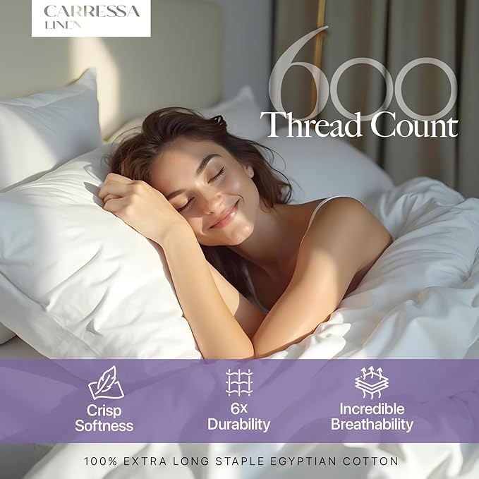 Carressa Linen 100% Egyptian Cotton Split King Sheets Sets for Adjustable Bed - 600 Thread Count 5 PC White Top Split King Sheets, 16" Deep Pocket Soft Cooling Sheets for Split King Adjustable Bed